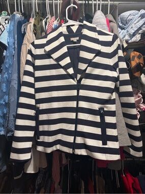 Talbots Navy and White Striped Knit Zip-Front Blazer